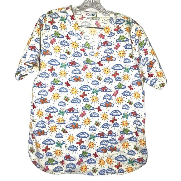 Apples for Life Tops - Apples for Life Womens 100% Cotton Scrub Top Size Large White Rain Sun Butterfly